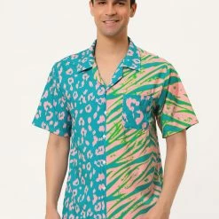 Allegra K Men's Summer Leopard Print Color Block Short Sleeves Button Down Patchwork Shirts 54 Allegra K Men's Summer Leopard Print Color Block Short Sleeves Button Down Patchwork Shirts