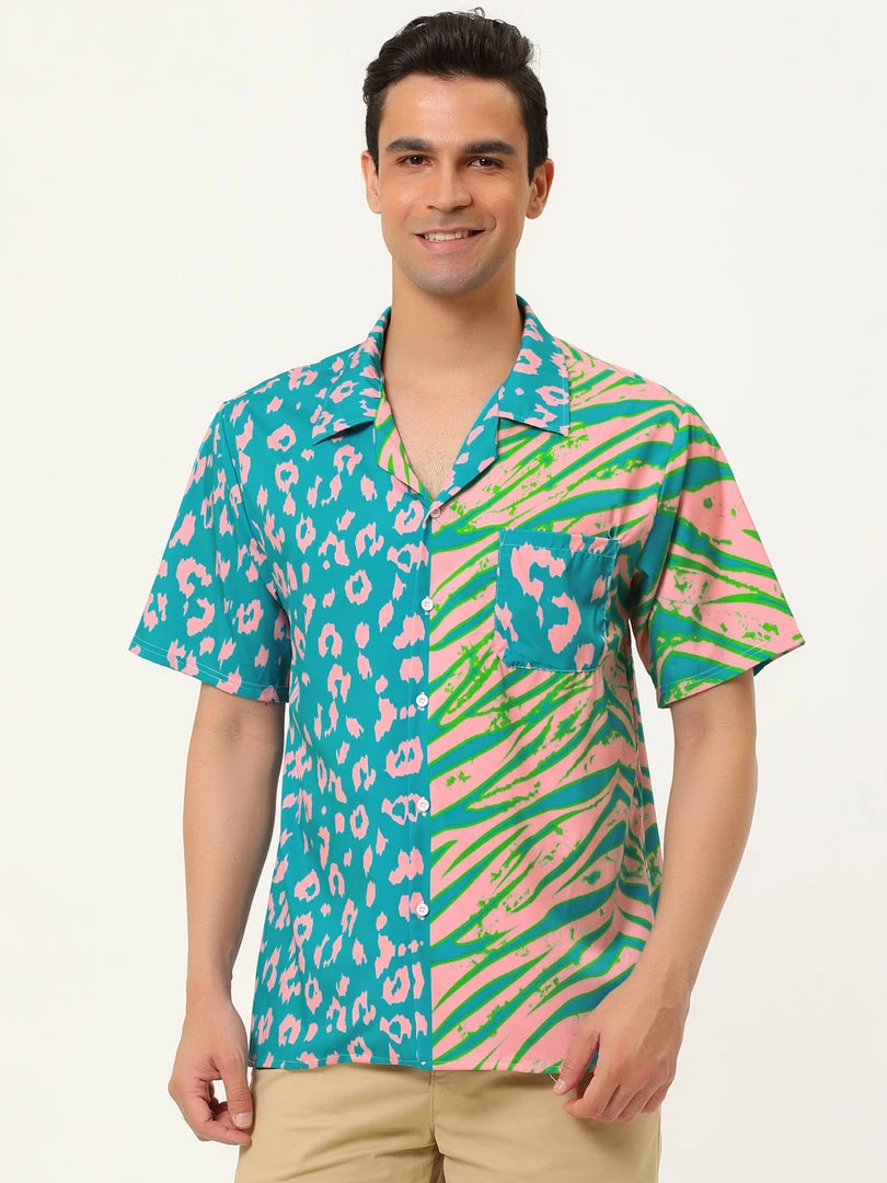 Allegra K Men's Summer Leopard Print Color Block Short Sleeves Button Down Patchwork Shirts 24 Allegra K Men's Summer Leopard Print Color Block Short Sleeves Button Down Patchwork Shirts