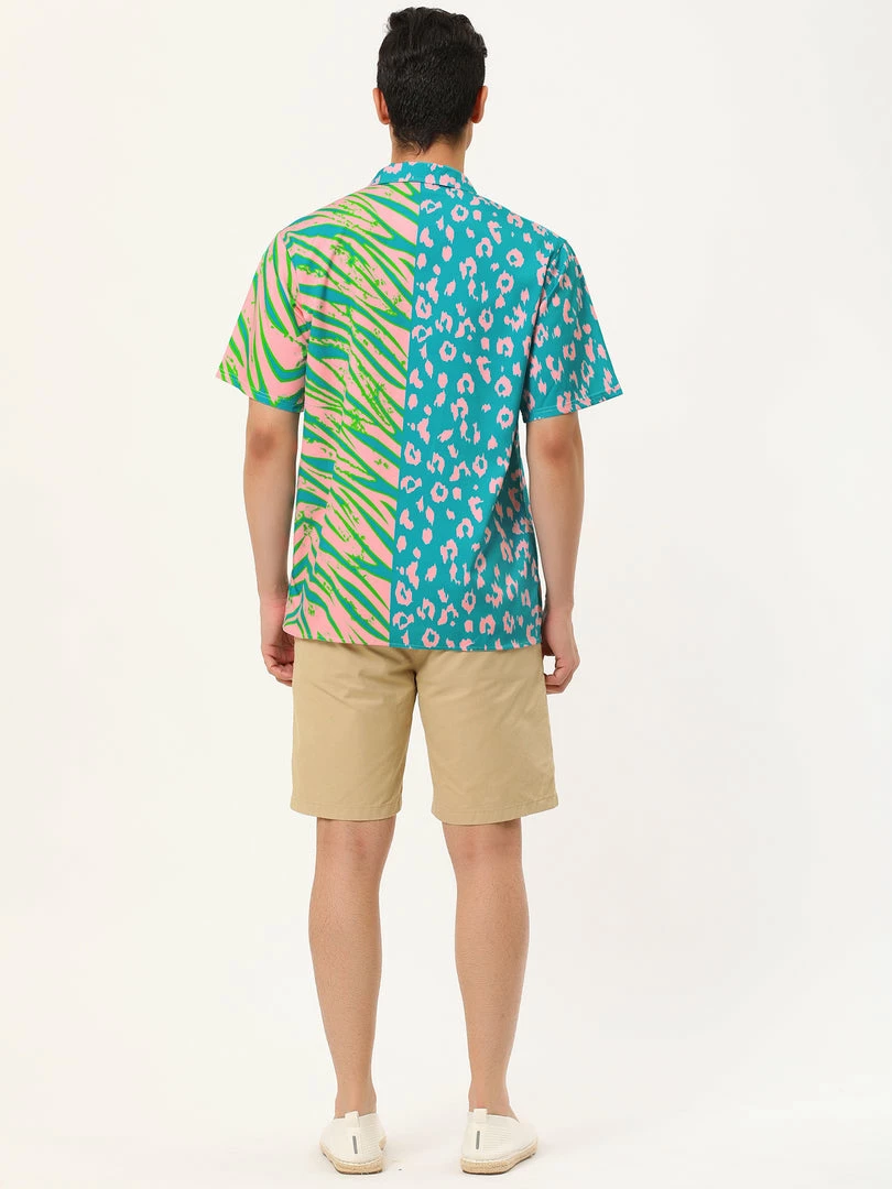 Allegra K Men's Summer Leopard Print Color Block Short Sleeves Button Down Patchwork Shirts 26 Allegra K Men's Summer Leopard Print Color Block Short Sleeves Button Down Patchwork Shirts