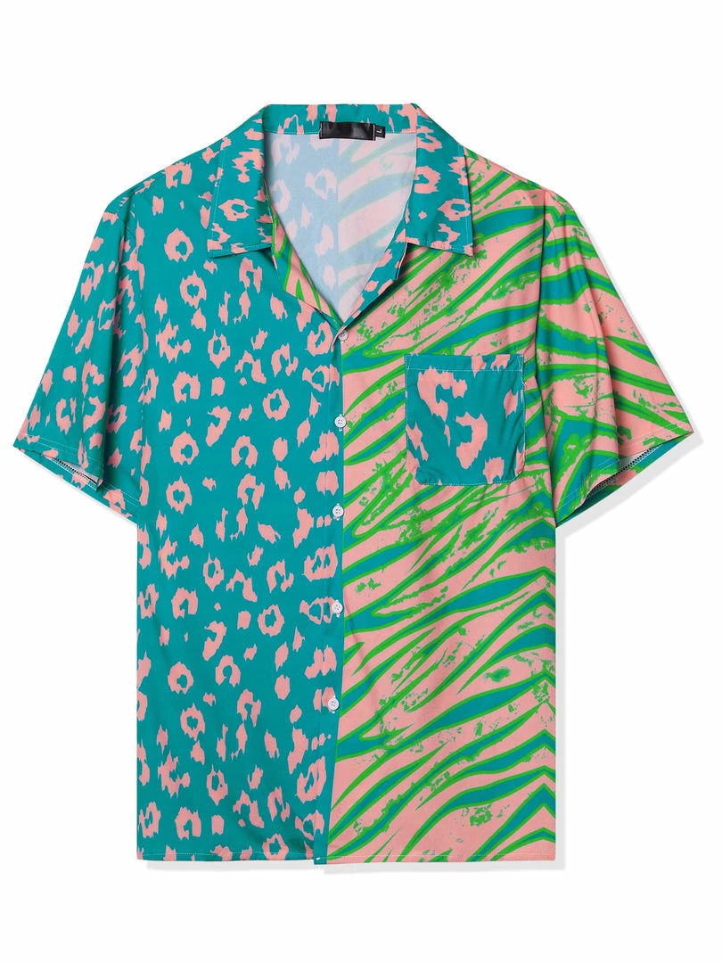 Allegra K Men's Summer Leopard Print Color Block Short Sleeves Button Down Patchwork Shirts 22 Allegra K Men's Summer Leopard Print Color Block Short Sleeves Button Down Patchwork Shirts