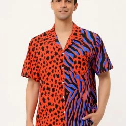 Allegra K Men's Summer Leopard Print Color Block Short Sleeves Button Down Patchwork Shirts 47 Allegra K Men's Summer Leopard Print Color Block Short Sleeves Button Down Patchwork Shirts