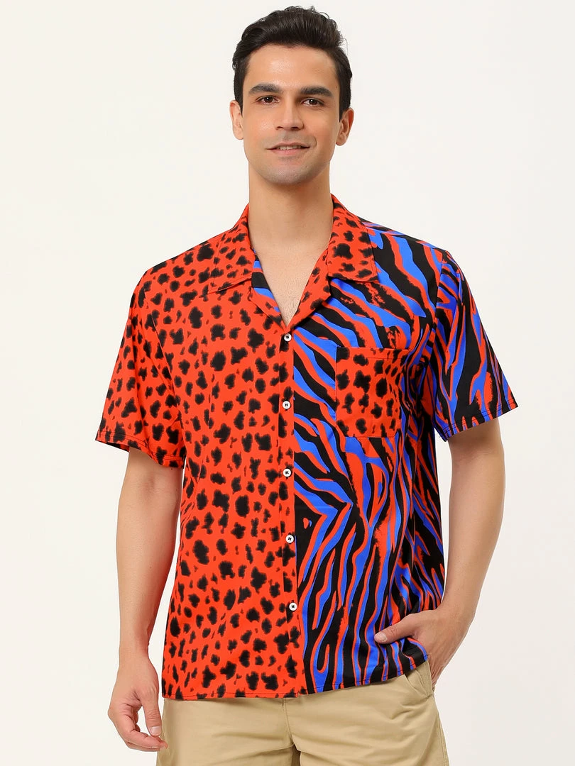 Allegra K Men's Summer Leopard Print Color Block Short Sleeves Button Down Patchwork Shirts 17 Allegra K Men's Summer Leopard Print Color Block Short Sleeves Button Down Patchwork Shirts