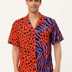 Allegra K Men's Summer Leopard Print Color Block Short Sleeves Button Down Patchwork Shirts 48 Allegra K Men's Summer Leopard Print Color Block Short Sleeves Button Down Patchwork Shirts