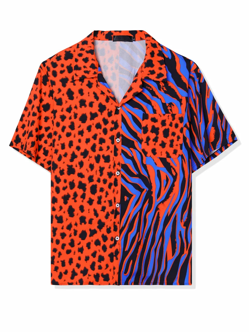 Allegra K Men's Summer Leopard Print Color Block Short Sleeves Button Down Patchwork Shirts 16 Allegra K Men's Summer Leopard Print Color Block Short Sleeves Button Down Patchwork Shirts