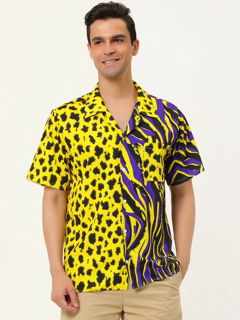 Allegra K Men's Summer Leopard Print Color Block Short Sleeves Button Down Patchwork Shirts 11 Allegra K Men's Summer Leopard Print Color Block Short Sleeves Button Down Patchwork Shirts