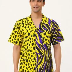 Allegra K Men's Summer Leopard Print Color Block Short Sleeves Button Down Patchwork Shirts 42 Allegra K Men's Summer Leopard Print Color Block Short Sleeves Button Down Patchwork Shirts