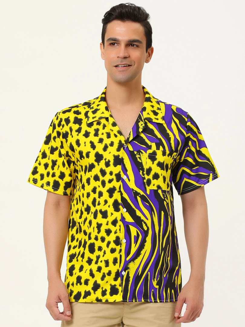 Allegra K Men's Summer Leopard Print Color Block Short Sleeves Button Down Patchwork Shirts 12 Allegra K Men's Summer Leopard Print Color Block Short Sleeves Button Down Patchwork Shirts