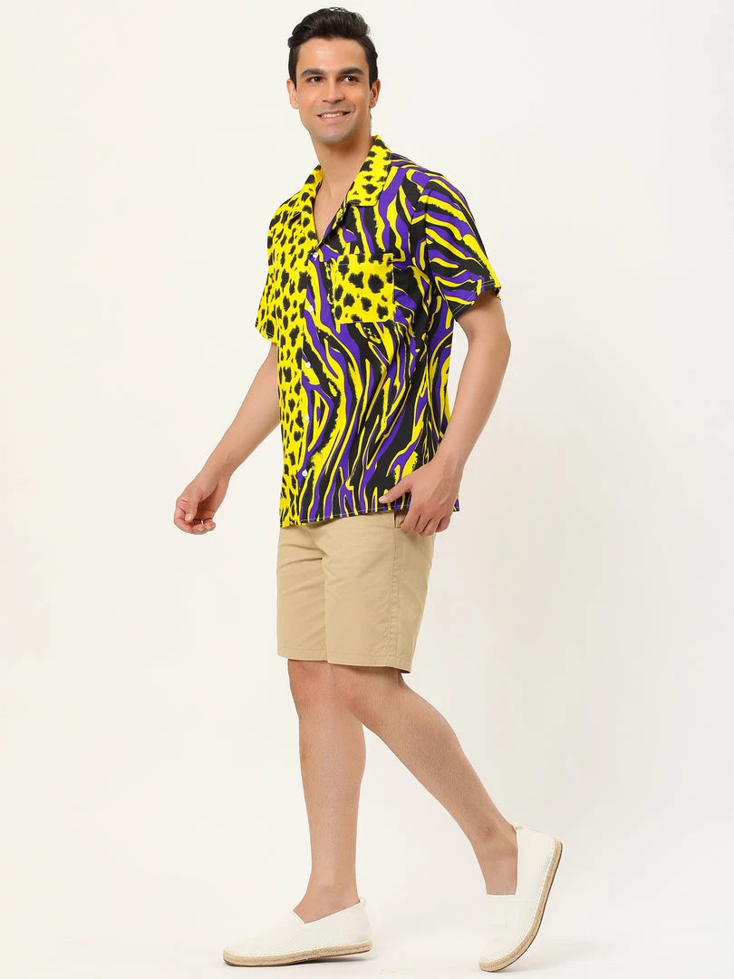 Allegra K Men's Summer Leopard Print Color Block Short Sleeves Button Down Patchwork Shirts 13 Allegra K Men's Summer Leopard Print Color Block Short Sleeves Button Down Patchwork Shirts