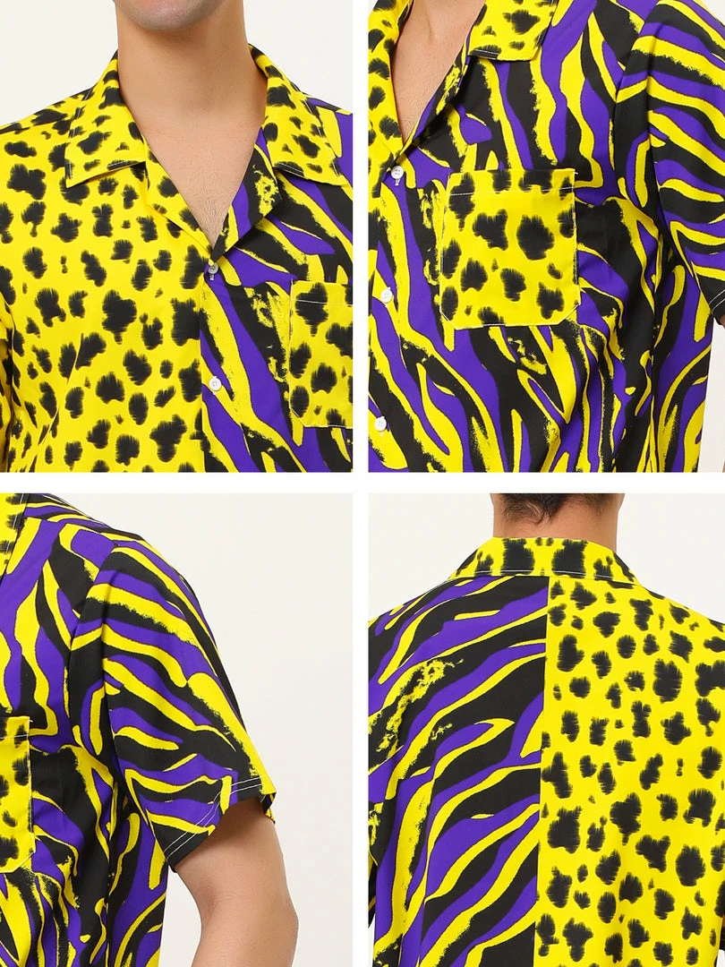 Allegra K Men's Summer Leopard Print Color Block Short Sleeves Button Down Patchwork Shirts 15 Allegra K Men's Summer Leopard Print Color Block Short Sleeves Button Down Patchwork Shirts