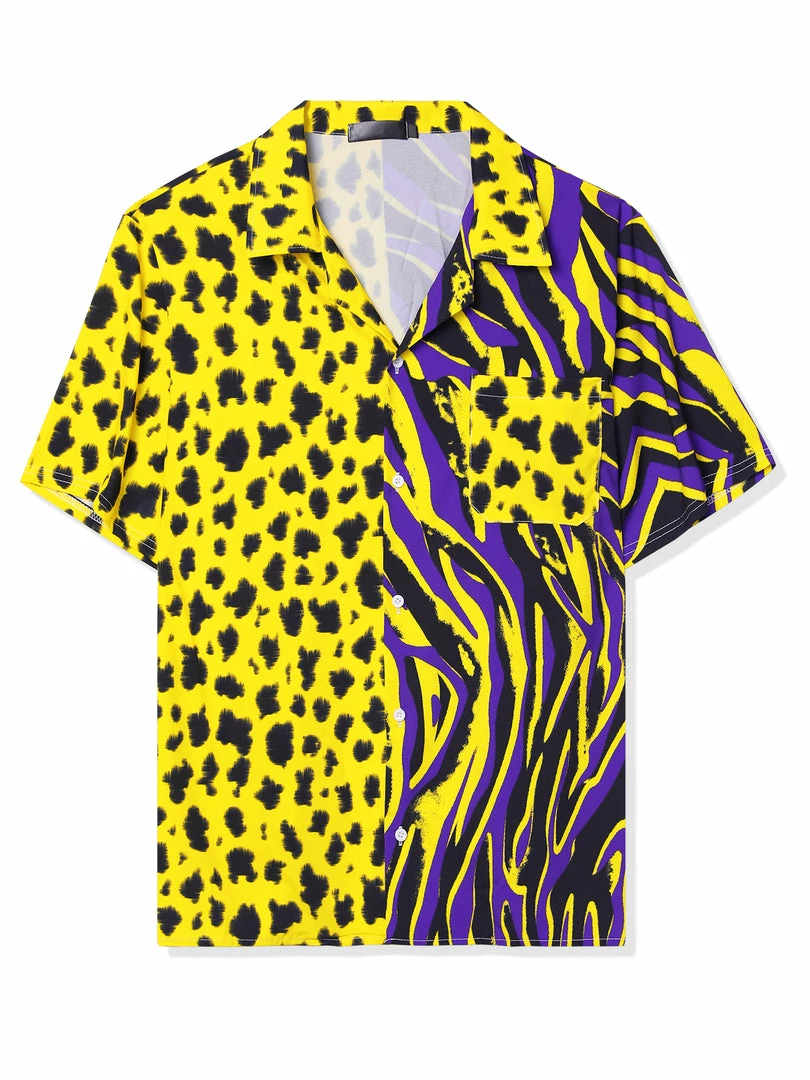 Allegra K Men's Summer Leopard Print Color Block Short Sleeves Button Down Patchwork Shirts 10 Allegra K Men's Summer Leopard Print Color Block Short Sleeves Button Down Patchwork Shirts