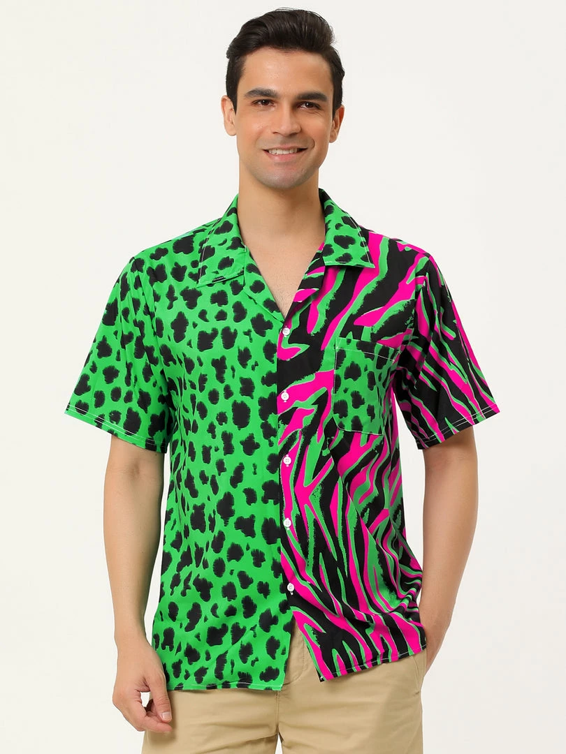 Allegra K Men's Summer Leopard Print Color Block Short Sleeves Button Down Patchwork Shirts 5 Allegra K Men's Summer Leopard Print Color Block Short Sleeves Button Down Patchwork Shirts