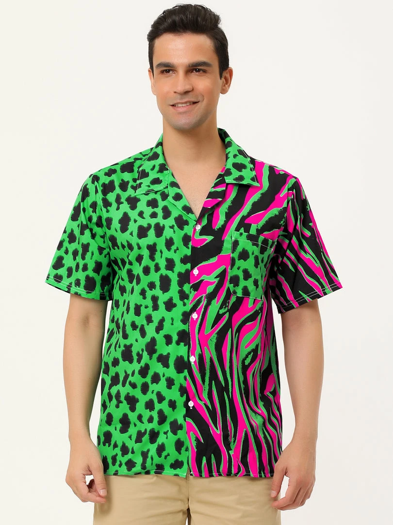Allegra K Men's Summer Leopard Print Color Block Short Sleeves Button Down Patchwork Shirts 6 Allegra K Men's Summer Leopard Print Color Block Short Sleeves Button Down Patchwork Shirts