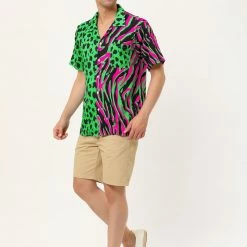 Allegra K Men's Summer Leopard Print Color Block Short Sleeves Button Down Patchwork Shirts 37 Allegra K Men's Summer Leopard Print Color Block Short Sleeves Button Down Patchwork Shirts