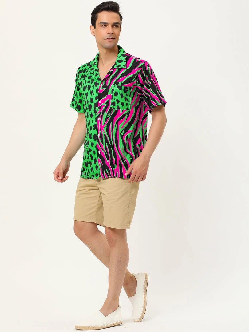 Allegra K Men's Summer Leopard Print Color Block Short Sleeves Button Down Patchwork Shirts 7 Allegra K Men's Summer Leopard Print Color Block Short Sleeves Button Down Patchwork Shirts
