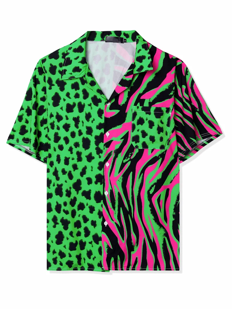 Allegra K Men's Summer Leopard Print Color Block Short Sleeves Button Down Patchwork Shirts 4 Allegra K Men's Summer Leopard Print Color Block Short Sleeves Button Down Patchwork Shirts