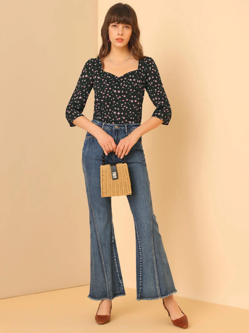 Allegra K Women's Vintage Floral Sweetheart Neck 3/4 Sleeve Chiffon Blouse Top 6 Allegra K Women's Vintage Floral Sweetheart Neck 3/4 Sleeve Chiffon Blouse Top