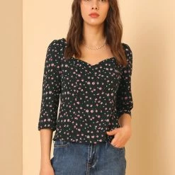 Allegra K Women's Vintage Floral Sweetheart Neck 3/4 Sleeve Chiffon Blouse Top 13 Allegra K Women's Vintage Floral Sweetheart Neck 3/4 Sleeve Chiffon Blouse Top
