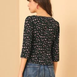 Allegra K Women's Vintage Floral Sweetheart Neck 3/4 Sleeve Chiffon Blouse Top 14 Allegra K Women's Vintage Floral Sweetheart Neck 3/4 Sleeve Chiffon Blouse Top