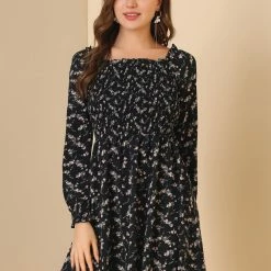 Allegra K Women's Smocked Square Neck Long Sleeve Floral Dress 11 Allegra K Women's Smocked Square Neck Long Sleeve Floral Dress