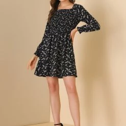 Allegra K Women's Smocked Square Neck Long Sleeve Floral Dress 12 Allegra K Women's Smocked Square Neck Long Sleeve Floral Dress