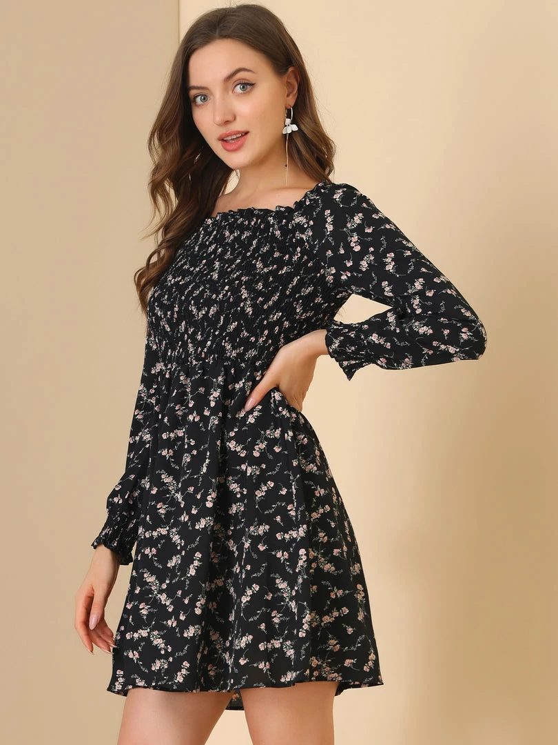 Allegra K Women's Smocked Square Neck Long Sleeve Floral Dress 7 Allegra K Women's Smocked Square Neck Long Sleeve Floral Dress