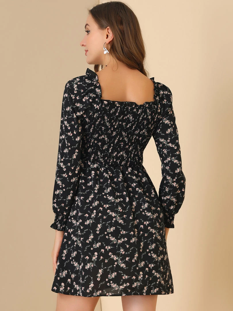 Allegra K Women's Smocked Square Neck Long Sleeve Floral Dress 8 Allegra K Women's Smocked Square Neck Long Sleeve Floral Dress
