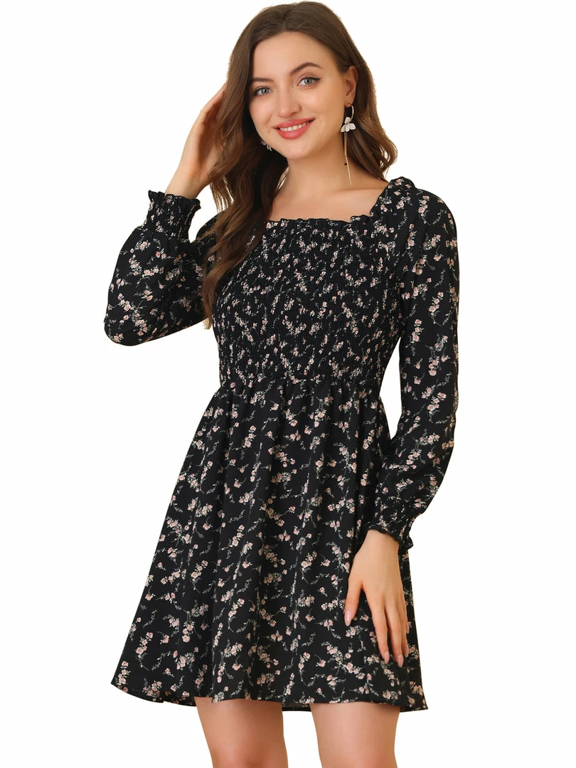 Allegra K Women's Smocked Square Neck Long Sleeve Floral Dress 4 Allegra K Women's Smocked Square Neck Long Sleeve Floral Dress