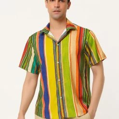 Allegra K Men's Vertical Striped Shirt Short Sleeve Button Down Hawaiian Color Block Stripes Shirts