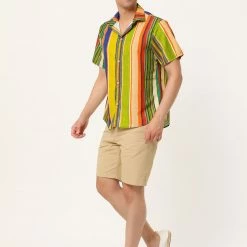 Allegra K Men's Vertical Striped Shirt Short Sleeve Button Down Hawaiian Color Block Stripes Shirts