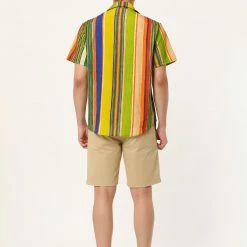 Allegra K Men's Vertical Striped Shirt Short Sleeve Button Down Hawaiian Color Block Stripes Shirts