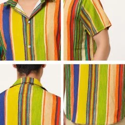 Allegra K Men's Vertical Striped Shirt Short Sleeve Button Down Hawaiian Color Block Stripes Shirts