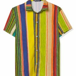 Allegra K Men's Vertical Striped Shirt Short Sleeve Button Down Hawaiian Color Block Stripes Shirts