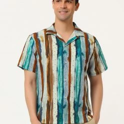Allegra K Men's Vertical Striped Shirt Short Sleeve Button Down Hawaiian Color Block Stripes Shirts