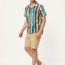 Allegra K Men's Vertical Striped Shirt Short Sleeve Button Down Hawaiian Color Block Stripes Shirts