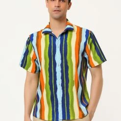 Allegra K Men's Vertical Striped Shirt Short Sleeve Button Down Hawaiian Color Block Stripes Shirts