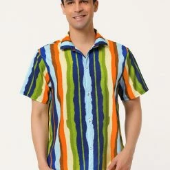 Allegra K Men's Vertical Striped Shirt Short Sleeve Button Down Hawaiian Color Block Stripes Shirts