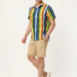 Allegra K Men's Vertical Striped Shirt Short Sleeve Button Down Hawaiian Color Block Stripes Shirts