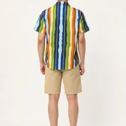 Allegra K Men's Vertical Striped Shirt Short Sleeve Button Down Hawaiian Color Block Stripes Shirts