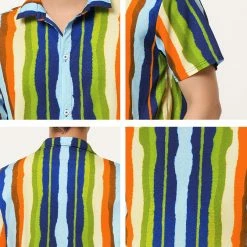 Allegra K Men's Vertical Striped Shirt Short Sleeve Button Down Hawaiian Color Block Stripes Shirts