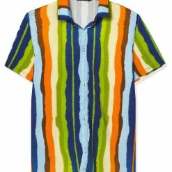 Allegra K Men's Vertical Striped Shirt Short Sleeve Button Down Hawaiian Color Block Stripes Shirts