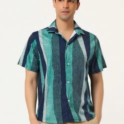Allegra K Men's Vertical Striped Shirt Short Sleeve Button Down Hawaiian Color Block Stripes Shirts