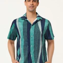 Allegra K Men's Vertical Striped Shirt Short Sleeve Button Down Hawaiian Color Block Stripes Shirts