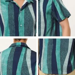 Allegra K Men's Vertical Striped Shirt Short Sleeve Button Down Hawaiian Color Block Stripes Shirts
