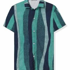 Allegra K Men's Vertical Striped Shirt Short Sleeve Button Down Hawaiian Color Block Stripes Shirts