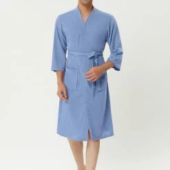 Allegra K Men's Waffle Bathrobe Solid Color Sleepwear 3/4 Sleeves Kimono Spa Robe