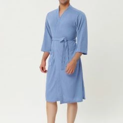 Allegra K Men's Waffle Bathrobe Solid Color Sleepwear 3/4 Sleeves Kimono Spa Robe