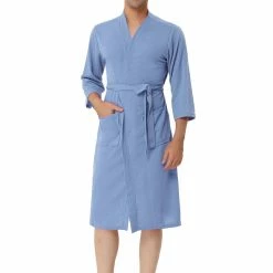Allegra K Men's Waffle Bathrobe Solid Color Sleepwear 3/4 Sleeves Kimono Spa Robe