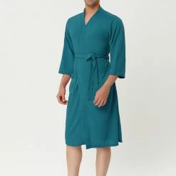 Allegra K Men's Waffle Bathrobe Solid Color Sleepwear 3/4 Sleeves Kimono Spa Robe