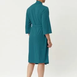 Allegra K Men's Waffle Bathrobe Solid Color Sleepwear 3/4 Sleeves Kimono Spa Robe