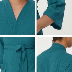 Allegra K Men's Waffle Bathrobe Solid Color Sleepwear 3/4 Sleeves Kimono Spa Robe